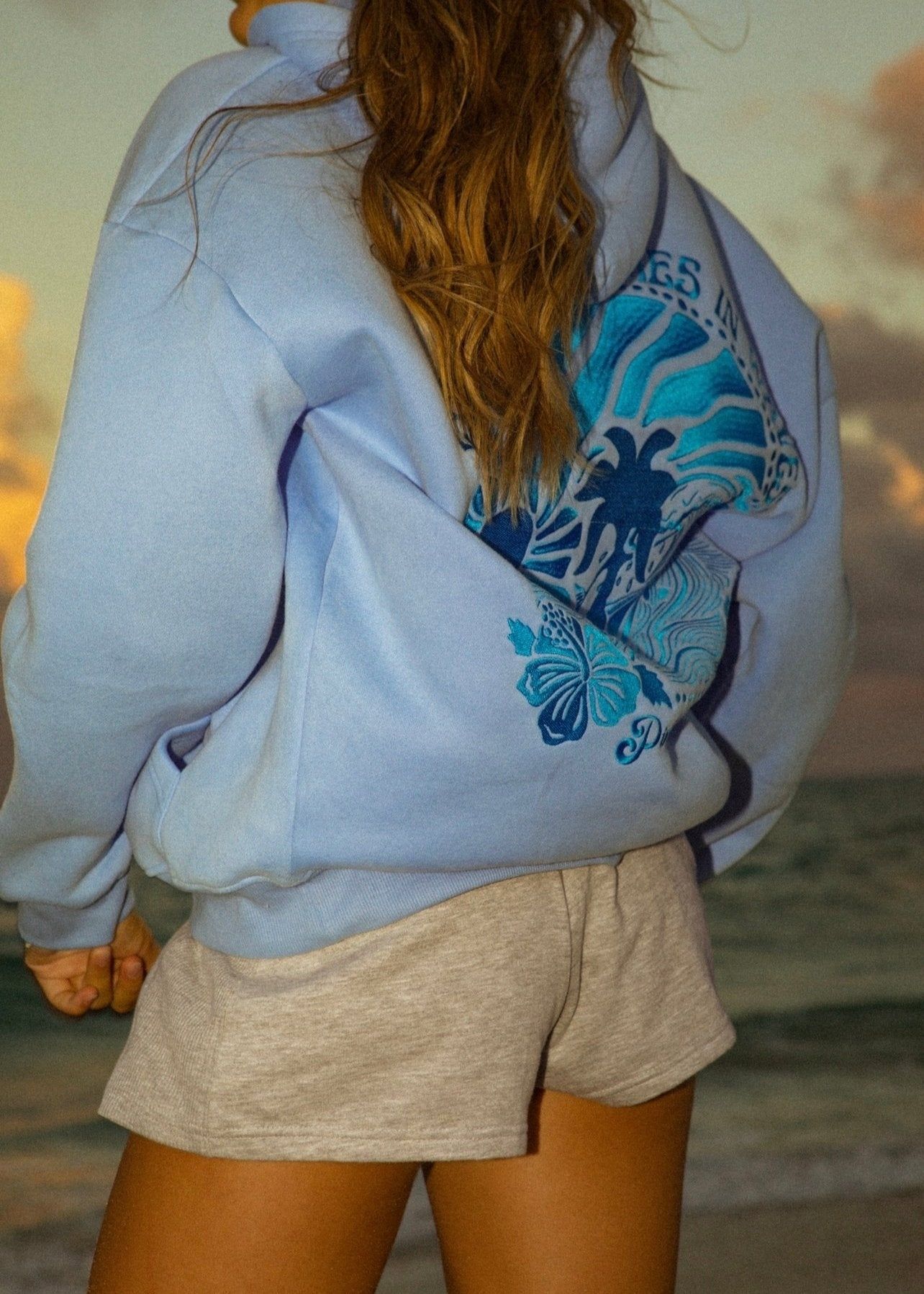 Blue Pink Palm Puff Everything Comes in Waves Hoodie | 521ZFPSGR