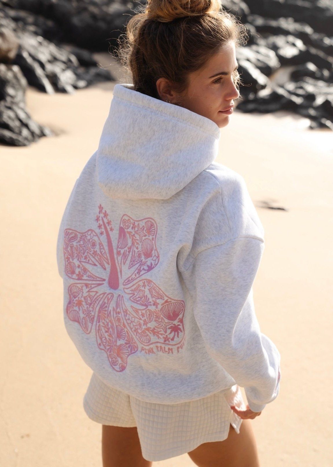 Heather Cloud Pink Palm Puff Hawaii Hibiscus Hoodie | 560MYWZSN