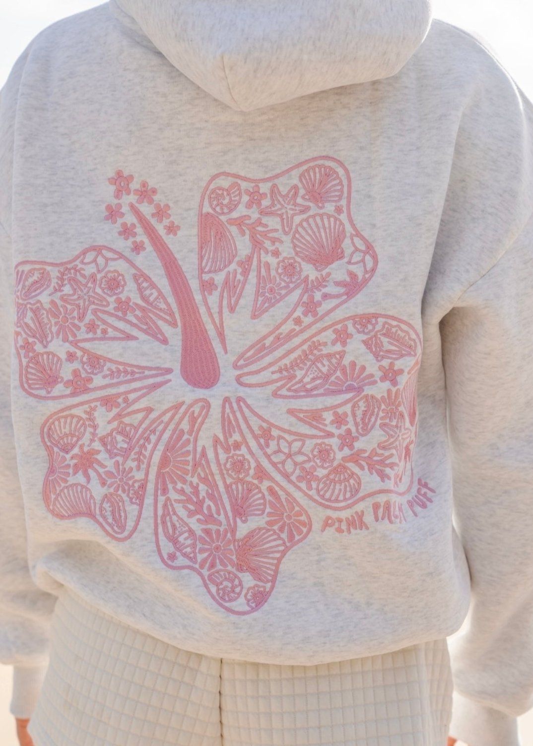 Heather Cloud Pink Palm Puff Hawaii Hibiscus Hoodie | 560MYWZSN