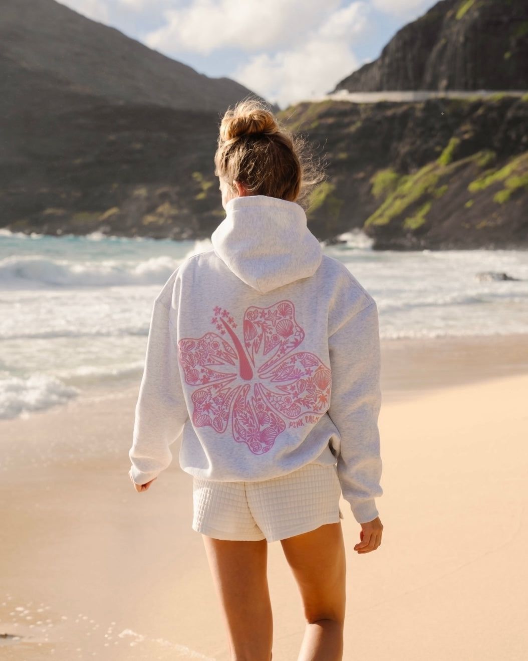 Heather Cloud Pink Palm Puff Hawaii Hibiscus Hoodie | 560MYWZSN