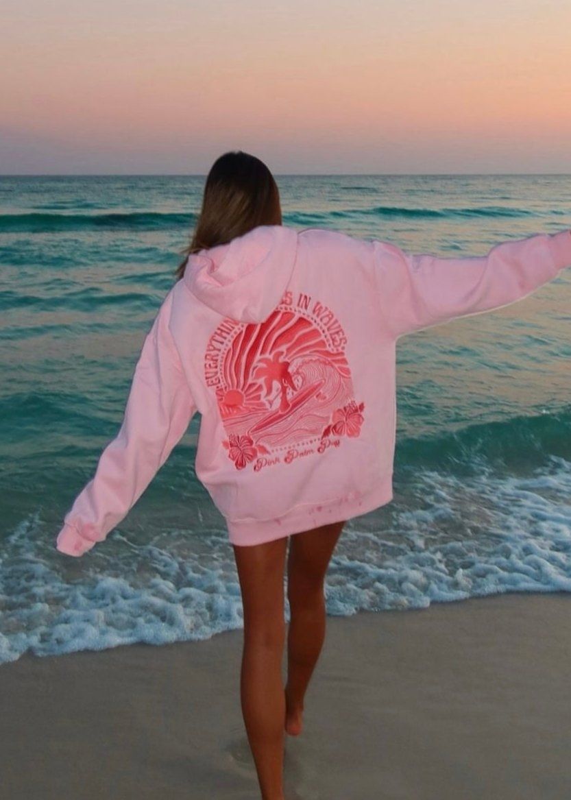 Pink Pink Palm Puff Everything Comes in Waves Hoodie | 810KPBSWN