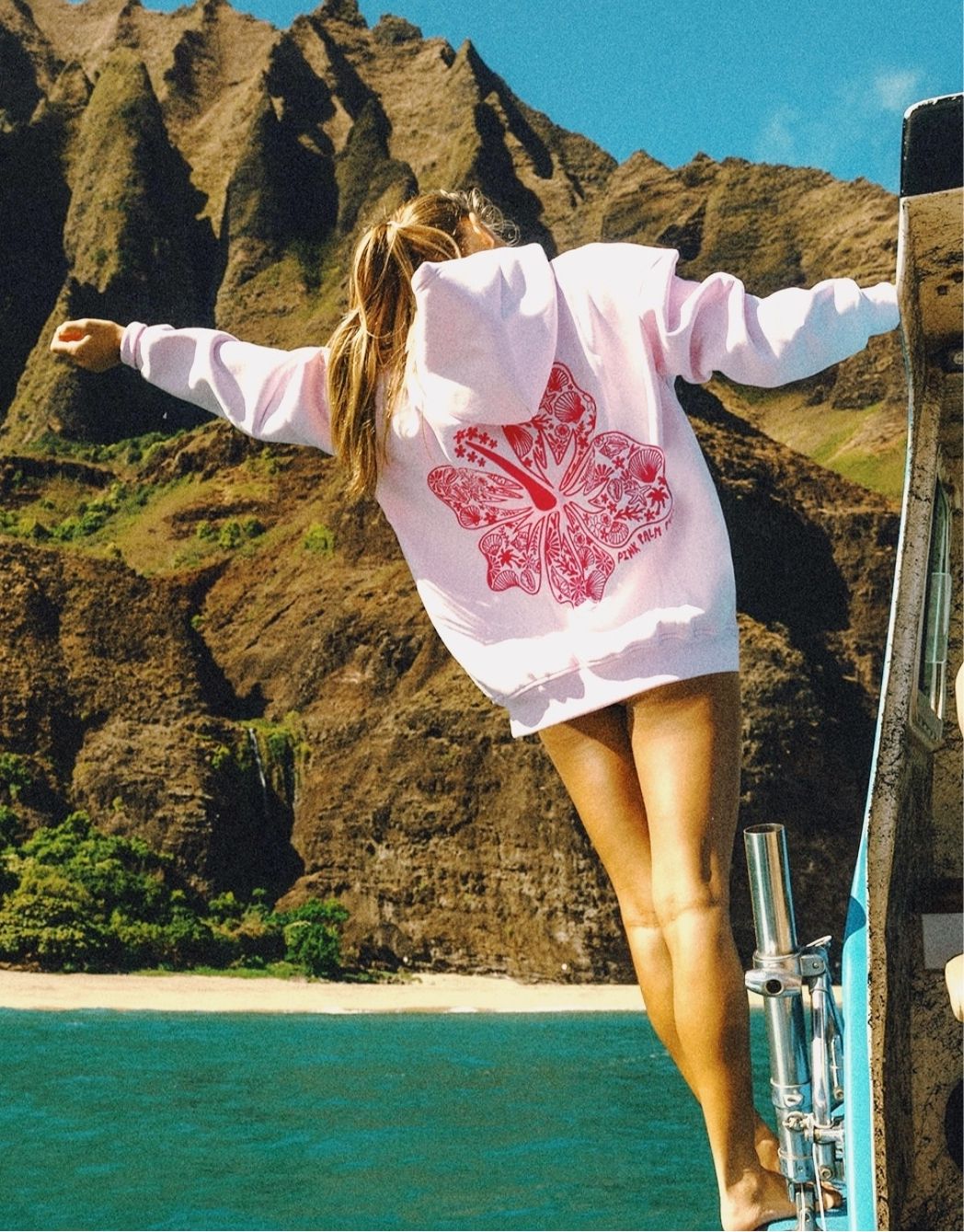 Pink Pink Palm Puff Hawaii Hibiscus Hoodie | 578SQFXID